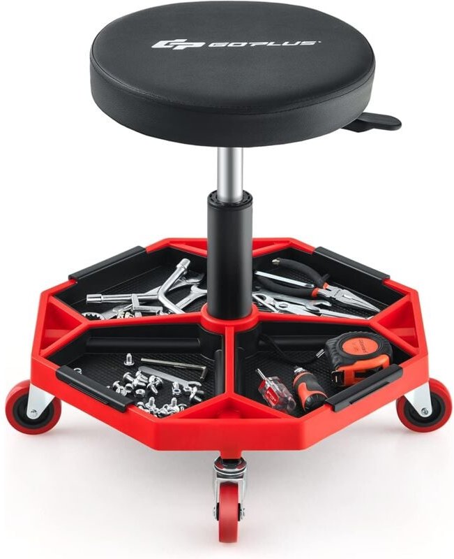 Werkstatt Rollsitz 150 kg belastbar, 41-55cm höhenverstellbar, Werkstatthocker mit Ablage & 4 Universalrollen, Arbeitsho...