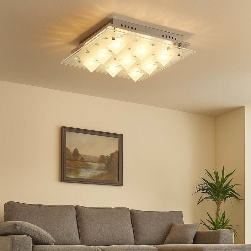 Deckenlampe Kristall led Deckenleuchte chrom Wohnzimmerlampe, Glas satiniert, 9x 3W, 9x240lm 3000K, LxBxH 38x38x14 cm