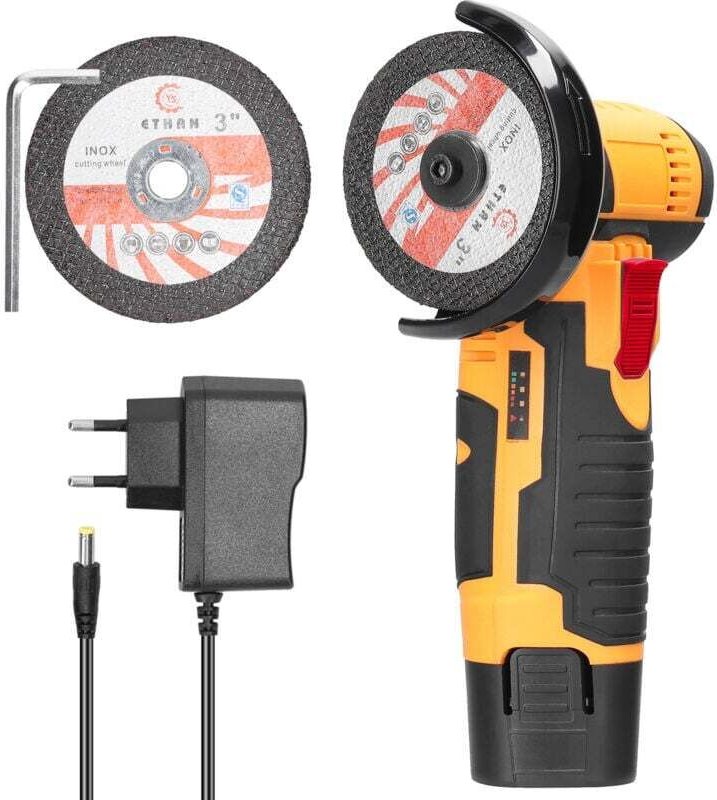 Mini-Winkelschleifer, 12 V, 19500 U/min, Kohlebürsten, 1 x 1200 mAh Akku, gelb