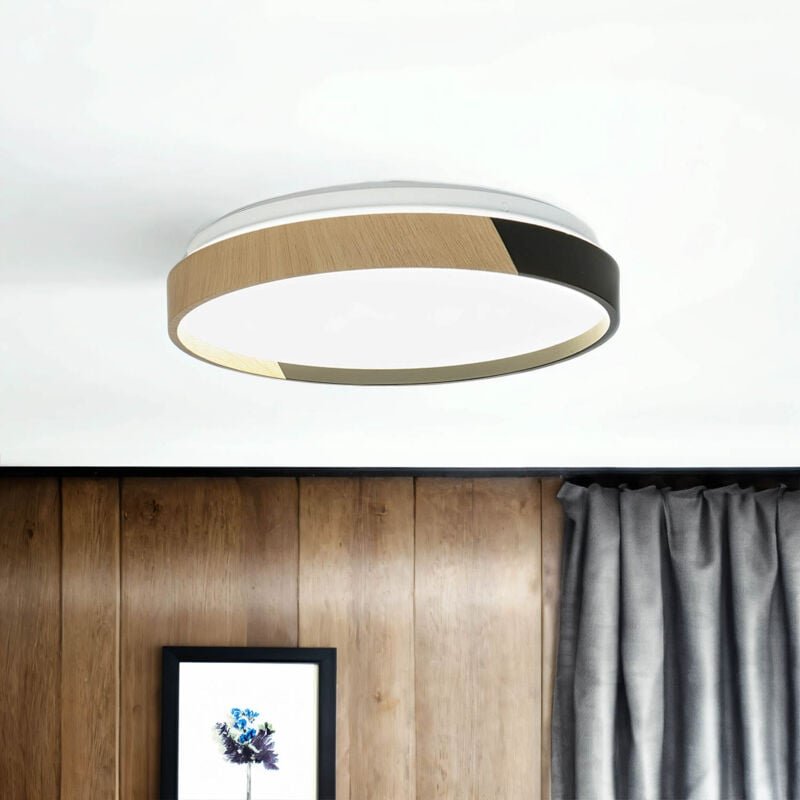 Licht-erlebnisse - Deckenleuchte led Metall d: 33 cm IP44 Holz (Eiche) Schwarz rund 4000 k neutralweißes Licht 970 lm