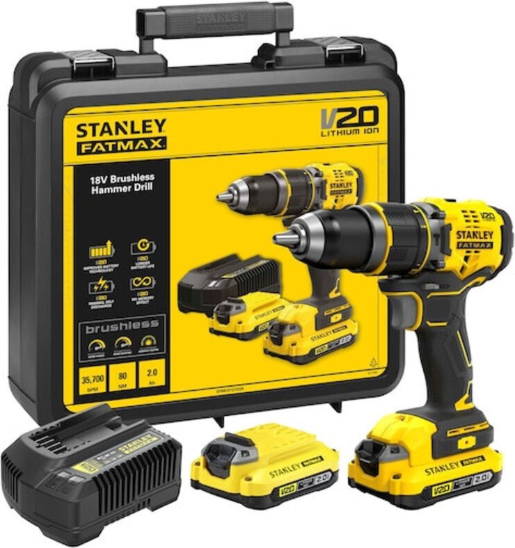STANLEY SFMCD721D2K-QW V20 18V BRUSHLESS HAMMERBÖRSE MIT 2 BATTERIEN 2Ah