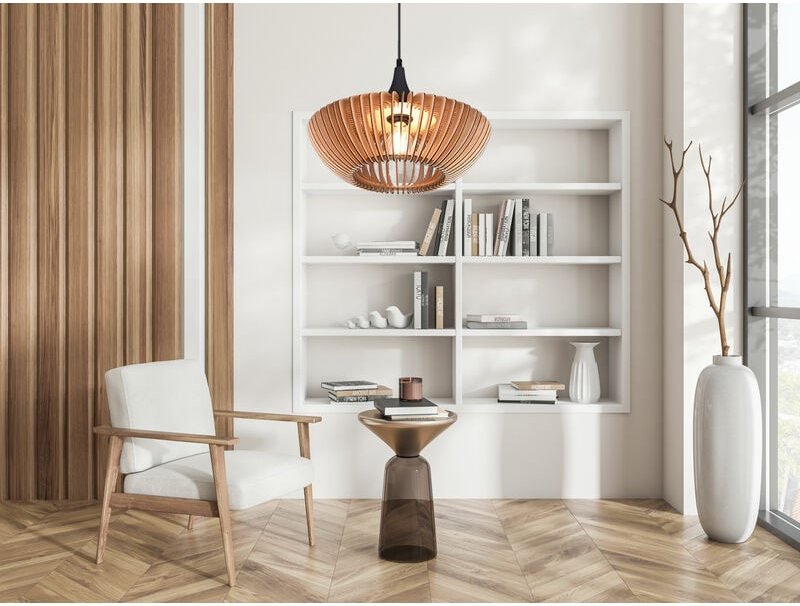 Meinewunschleuchte - led Pendelleuchte 1-flammig in Anthrazit & Naturholz Lamellenlampe, ø 40 cm