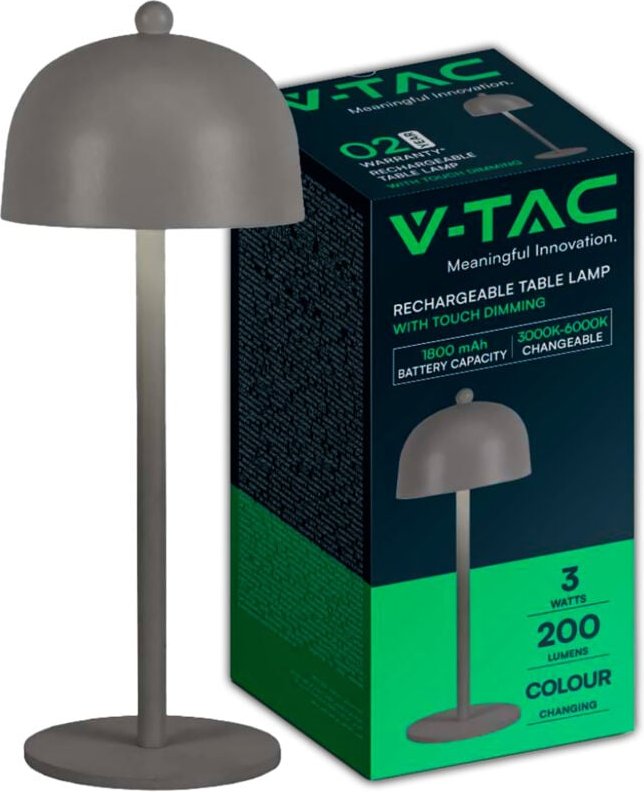V-TAC 3W wiederaufladbare LED-Tischlampe, graues Metall, Touch-dimmbar, 3-in-1