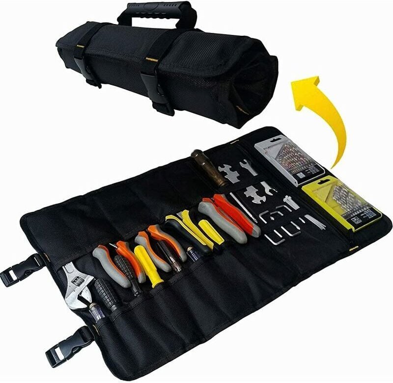 Thumbnail - Schwarze aufrollbare Werkzeugtasche mit verstellbarer Schnalle, 22 Fächern und Gummigriff, dickes 1680D wasserdichtes un...