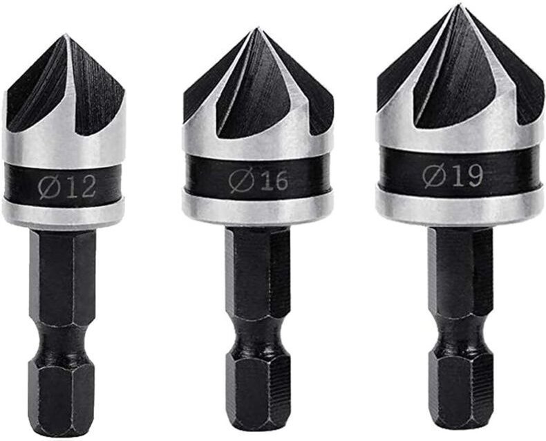 Stück 90°-Fasenfräser, 5-schneidig, konisch, für Walnussholz, 12 mm/16 mm/19 mm, 1/4"-Sechskant-Fräsbohrer, Kohlenstoffs...