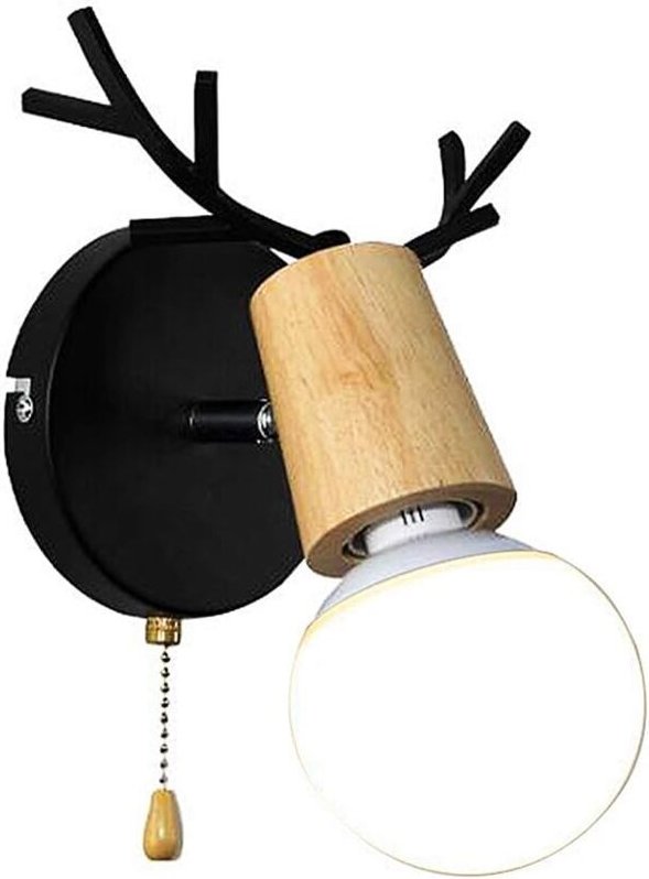 Nordisches modernes Design, Hirschgeweih-Form, Holzwandleuchte mit Zugkettenschalter, Lesezimmer, Schlafzimmer, Wandleuc...