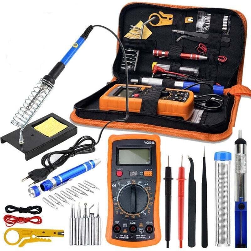 Lötkolben-Set, 60-W-Lötset, einstellbare Temperatur 200–450 °C, Multimeter, 5-teilige Lötspitzen, Zinnlötkolben, Lötdrah...
