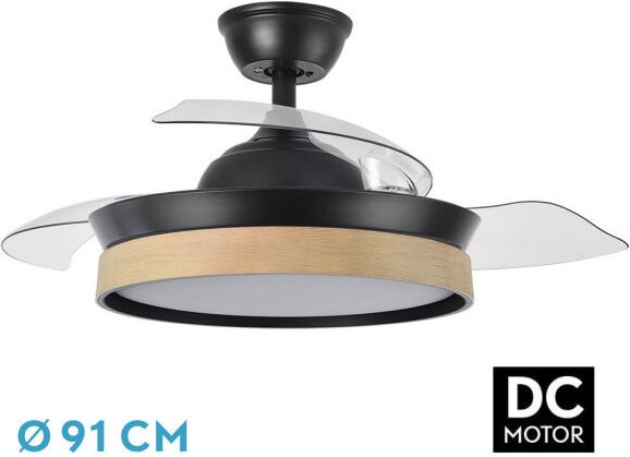 Fabrilamp - Abrila -Ventilator dc iglu - Schwarz mit drei Buchenholzlamellen mit 6 einstellbaren Geschwindigkeiten 3 Tem...