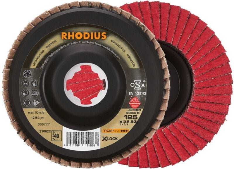 Rhodius - jumbo speed p x-lock, 10 Stück, 125 mm, Korn 40, x-lock Fächerschleifscheibe