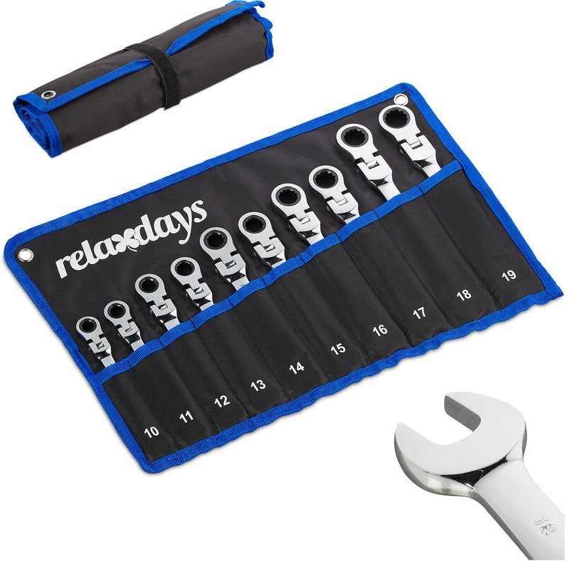 Schraubenschlüssel Set 10-teilig, Maul- & Ringschlüssel mit Ratsche & Gelenk, 10-19 mm, mit Tasche, schwarz - Relaxdays