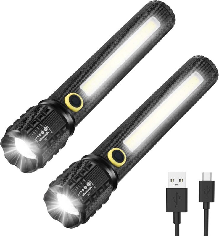 Aougo - LED-Taschenlampe, 2er-Pack Taschenlampe, verstellbare und zoombare helle Taschenlampen, wiederaufladbare Notfall...