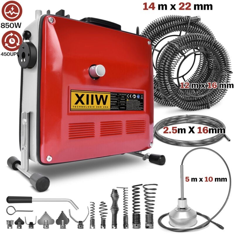 Xiiw - 850W 450U/min Elektrische Rohrreinigungsmaschine für Ø30-200mm Rohrleitungen Rohrreinigungsspirale Ø10mm 5M, Ø16m...
