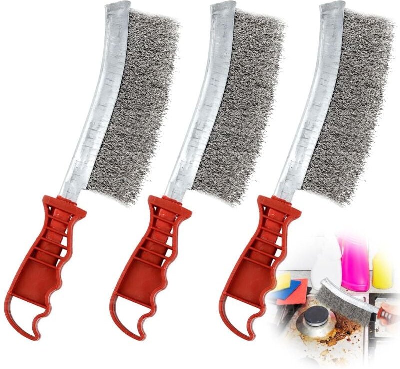 Stück Edelstahl-Drahtbürsten, Handdrahtbürste, Drahtbürste mit gebogenem Kunststoffgriff, Länge 240 mm, zum Reinigen von...