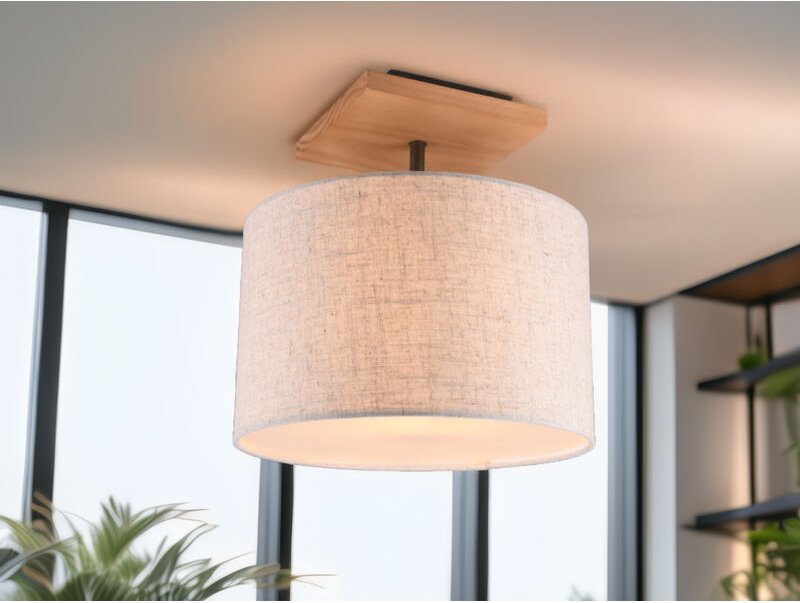 Meinewunschleuchte - led Deckenleuchte mit Stoffschirm in Beige und Naturholz Sockel, ø 36cm