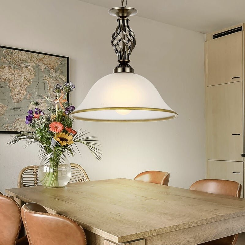 Pendellampe Hängeleuchte Glasleuchte Küchen Deckenleuchte Beleuchtung Glas satiniert, Lampenrand Altmessing, 1 x E27 Fas...