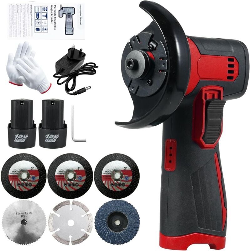Ej.life - 12-V-Akku-Winkelschleifer-Set mit 76-mm-Scheibe, leichtes Werkzeug mit 2 x 1300-mAh-Lithium-Ionen-Akkus und La...