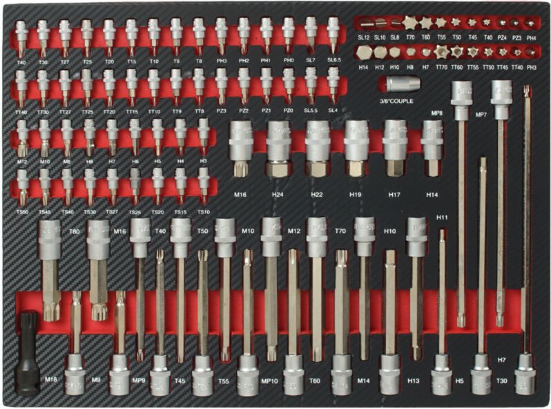 Profi Werkzeugeinlage Werkstattwagen 102 tlg. Stecknuss & Bit Satz Mechaniker Set 51x40x4 cm in rot