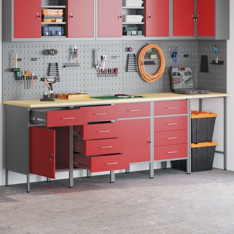 Werkbank mit Speicher 5 pcs Rot 255 x 55 x 85 cm Holzwerkstoff vidaXL