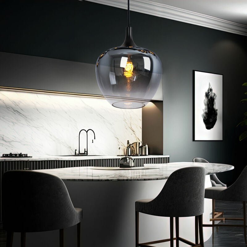Pendelleuchte Esszimmerlampe Hängeleuchte, Modern, Bauchige Pendellampe, Metall Rauchglas, schwarz, 1x E27 Fassung, DxH ...