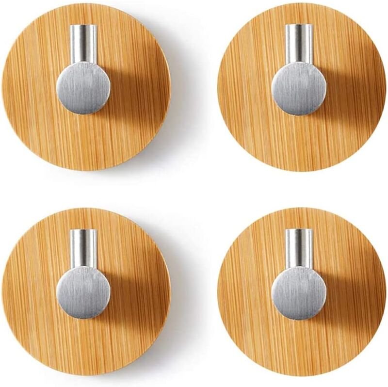 Thumbnail - Memkey - 4 Stück Bambus-Wandhaken, Bambus-Edelstahlhaken, Bambus-Klebehaken, ohne Bohren, selbstklebende Handtuchhaken f...