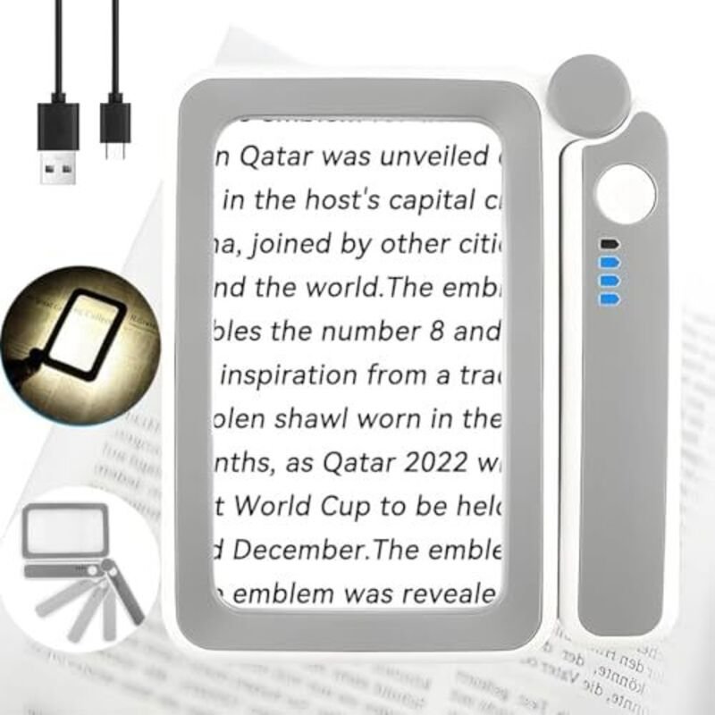 4-fache Leselupe mit Licht, Vergrößerungsglas mit 10 LEDs, USB-aufladbar, 3 Helligkeitsstufen, faltbare, tragbare Leselu...