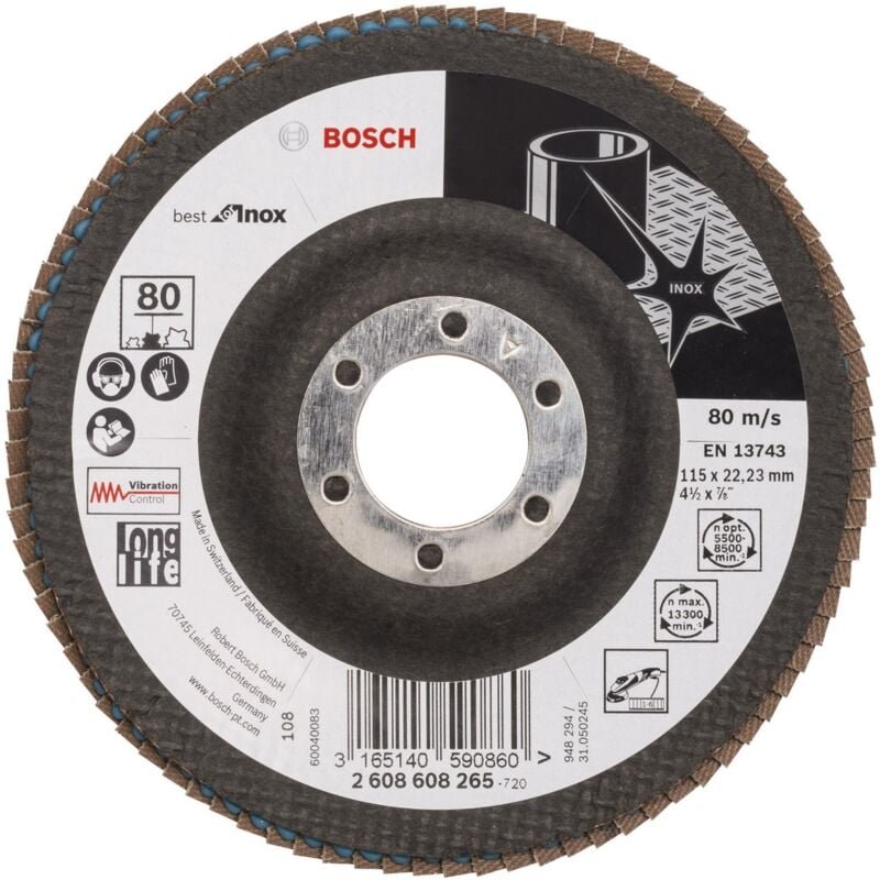 Bosch - Fächerschleifscheibe Best for Inox 115 22,23 80 gewinkelt Glasgewebeteller - 2608608265