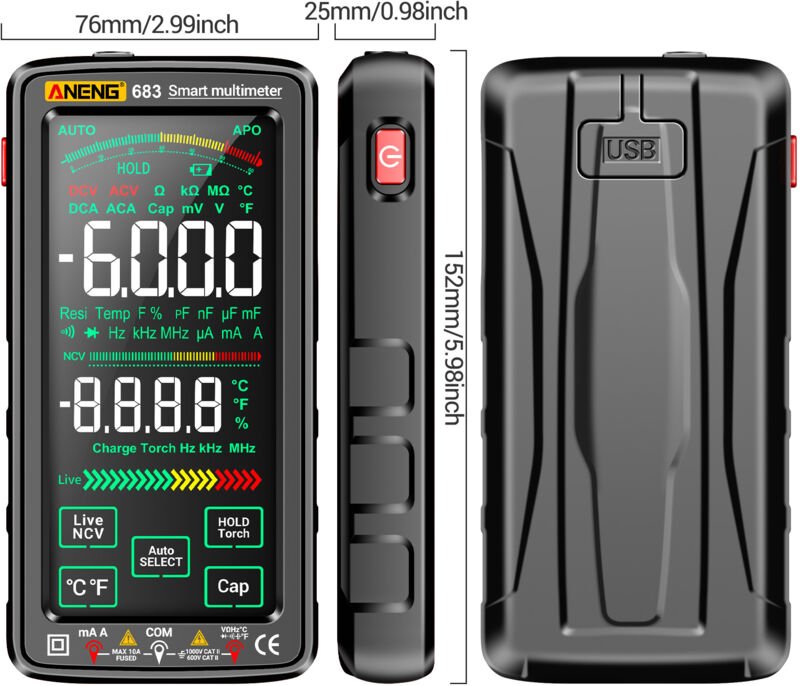 ANENG 683 6000 Zählungen, großer Touchscreen, digitales Multimeter, intelligentes, durchbrennsicheres, wiederaufladbares...