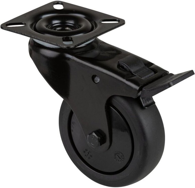 Lenkrolle mit Totalfeststeller Rad-Ø 75 mm Tragfähigkeit 75 kg mit Anschraubplatte mit Totalfeststeller Gummi schwarz