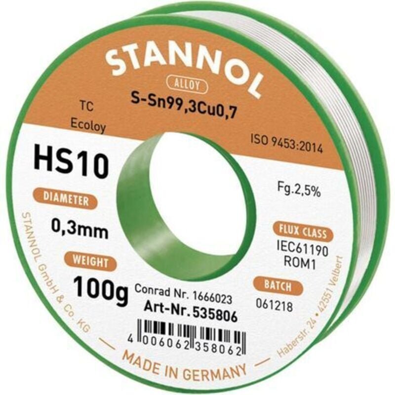 HS10 2,5% 0,3MM SN99,3CU0,7 cd 100G Lötzinn, bleifrei bleifrei, Spule Sn99,3Cu0,7 ROM1 100 g - Stannol