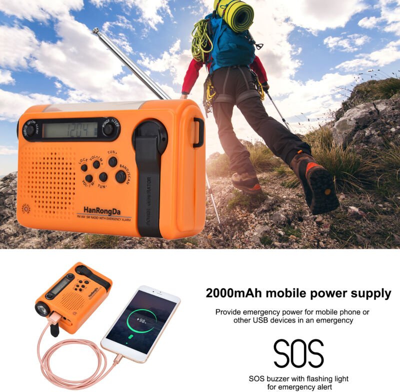 HanRongDa Tragbares Outdoor-Notfallradio mit AM/FM/SW-Solarbetrieb, Handkurbel, LED-Taschenlampe, 2000-mAh-Akku und SOS-...