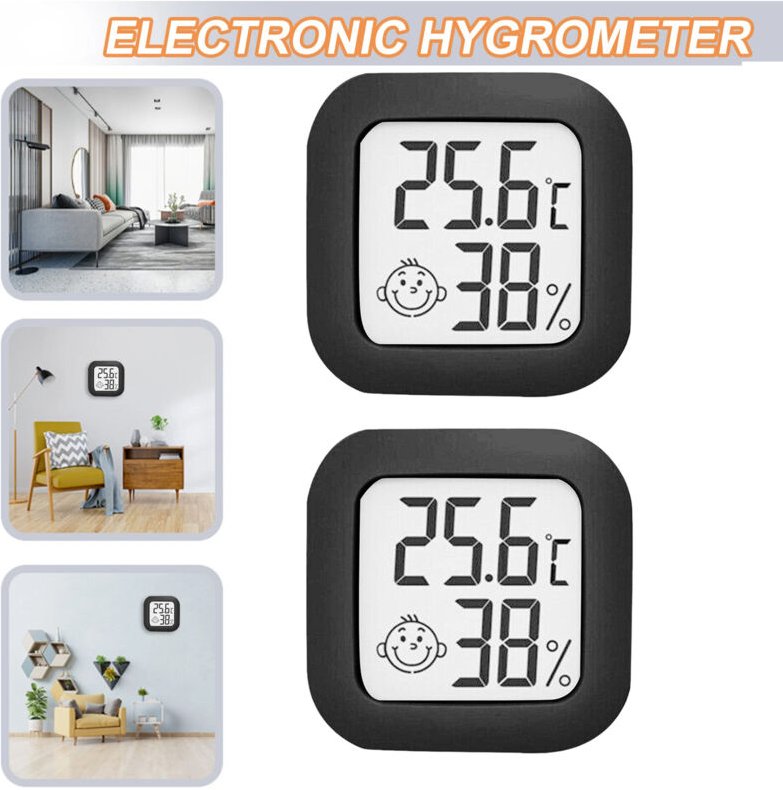 2er Set Mini Hygrometer Thermometer Digital LCD Schwarz, Innen Temperatur- und Feuchtigkeitssensor, Präzise Digitale Anz...