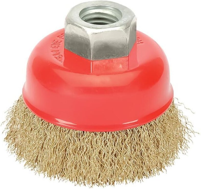 Topfbürste aus vermessingtem Stahl, ø 65 mm. Gewinde M14/Draht ø 0,30 mm.