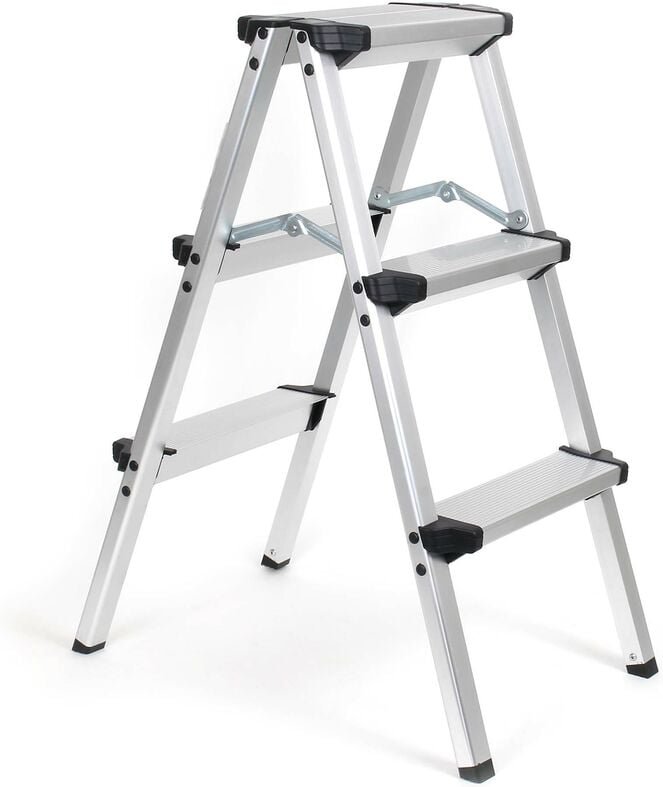 Klappleiter aus Aluminium bis 150 kg, beidseitig nutzbare Trittleiter, Aluleiter 73 cm mit 3 Stufen, Stehleiter mit ruts...
