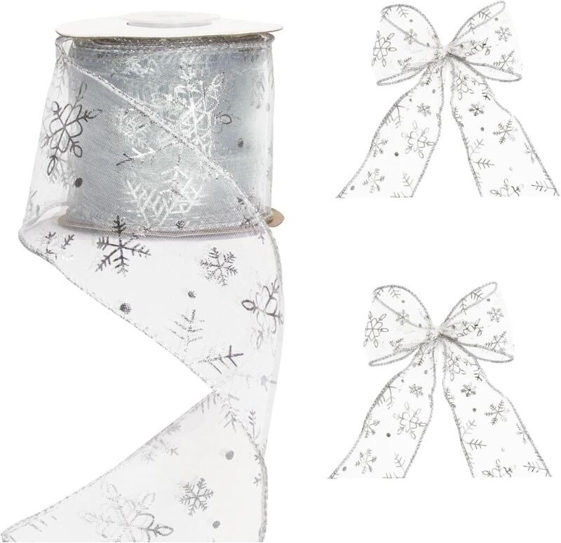 Fitags - 6,3 cm in der Breite Organza Band Schneeflocke Verdrahtet Schier Funkeln Band mit Spule für Weihnachten Dekorat...