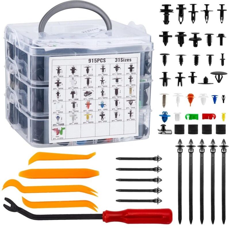 970-teiliges Kunststoff-Nietclips-Set in 31 Größen mit Demontagewerkzeug und Kabelbindern für Autotürverkleidungen
