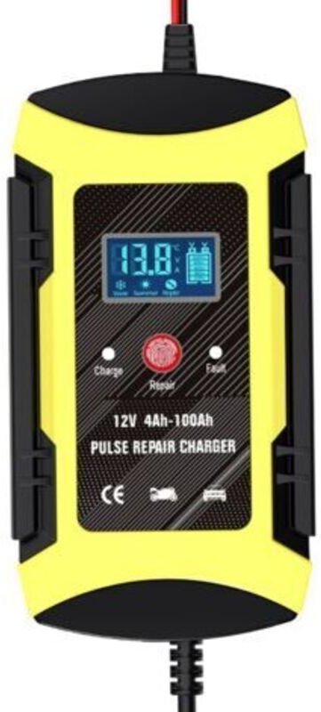 Gelbes 12V-Ladegerät für Auto- und Motorradbatterien, Impulsreparatur-Ladegerät, kompatibel mit Blei-Säure-Batterien