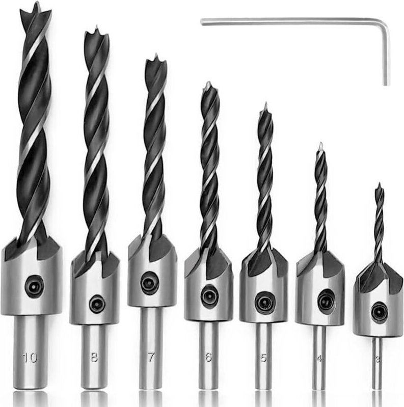 7-teiliges Holzbohrer-Set mit Senker, konischer HSS-Holzfräser mit Innensechskantschlüssel, Holzfasenwerkzeug, HSS-Herzf...