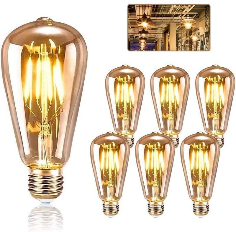 Retro-Edison-Glühbirne E27, E27 ST64 4W LED-Edison-Glühbirne, Retro-Glühbirne mit Glühfaden für Restaurants und Cafés, 6...