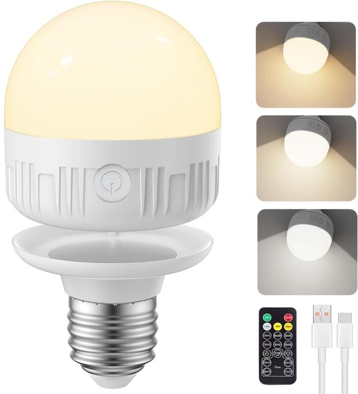 wiederaufladbare Glühbirne mit Fernbedienung, Timer und batteriebetriebener Glühbirne mit 3 Farbtemperaturen (5W, E26, 3...