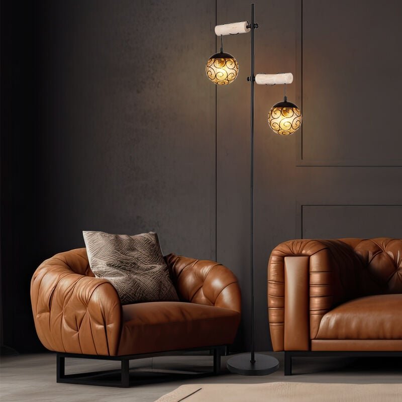 Stehlampe Stehleuchte Standlampe Beistellleuchte Wohnzimmerlampe, Höhenverstellbar, Holz naturfarben Glasschirme amber M...