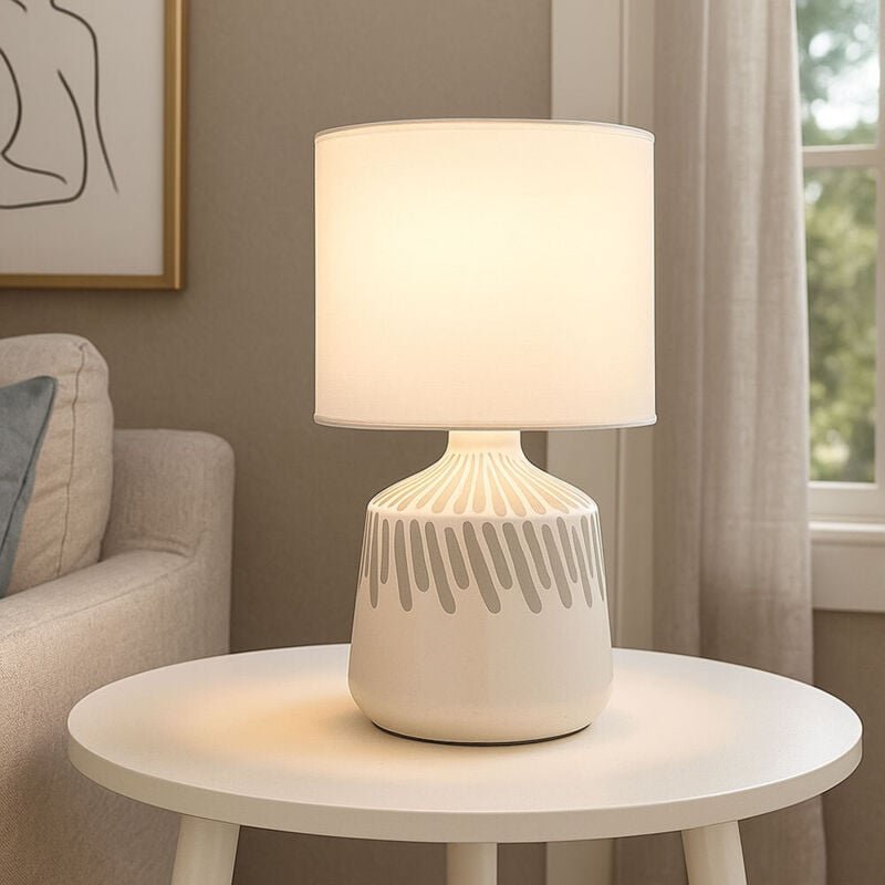 Tischlampe Nachttischlampe Tischleuchte weiß Textil Keramik H 31,5 cm