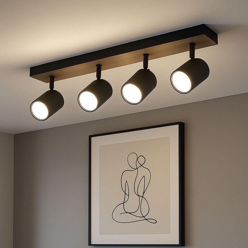 Globo Lighting - Deckenlampe Deckenleuchte 4 flammig beweglich Spotleuchte schwarz Holzoptik mit verstellbaren Spots, Me...