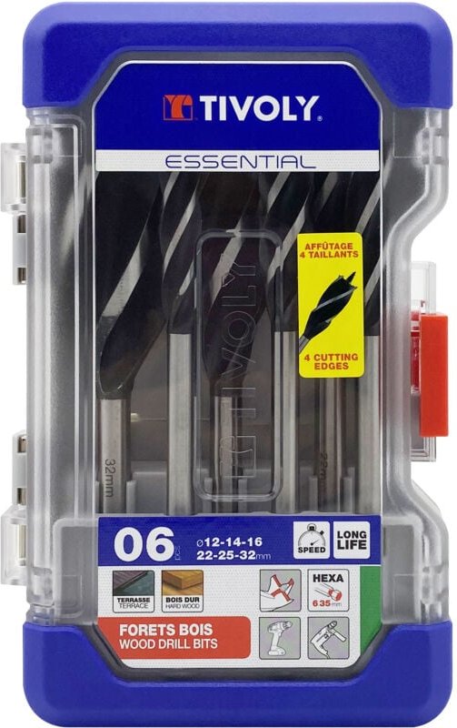 Box mit 6 Holzbohrern mit 4 Schneiden und Sechskantschaft ø 12 bis 32 mm - Tivoly