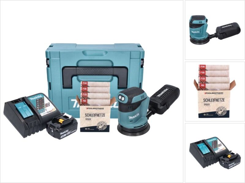 Makita DBO 180 RF1J Akku Exzenterschleifer 18 V 125 mm + 1x Akku 3,0 Ah + Ladegerät + Toolbrothers SPIDER Schleifset Net...