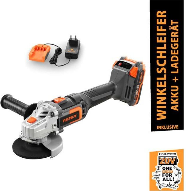Fuxtec - Akku Winkelschleifer 20V E1WS20 – inklusive 2Ah-Akku und 1A Ladegerät – Kabellos, mit Seitengriff - Scheibendur...