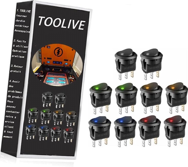 10 Stück 12-V-Schalter, runder Mini-Wippschalter, 5-farbiges LED-Licht, 12 V, 20 A DC, 3-polig, Ein-Aus-Schalter für Kra...
