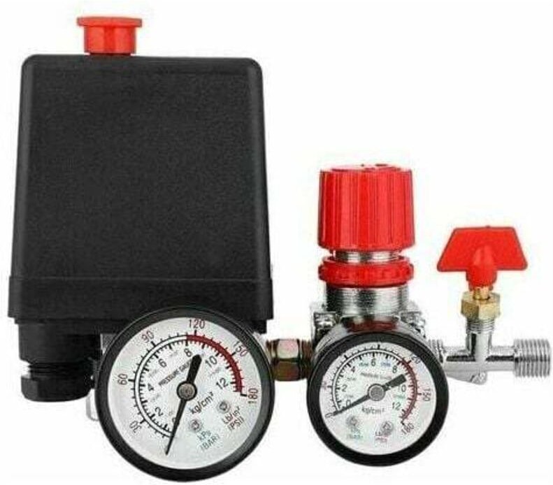 Druckschalter für Luftkompressor mit Regler und zwei G1/4-Manometern, Aluminium-Kolbenventil, 240 V, 20 A, 0,5–0,8 MPa