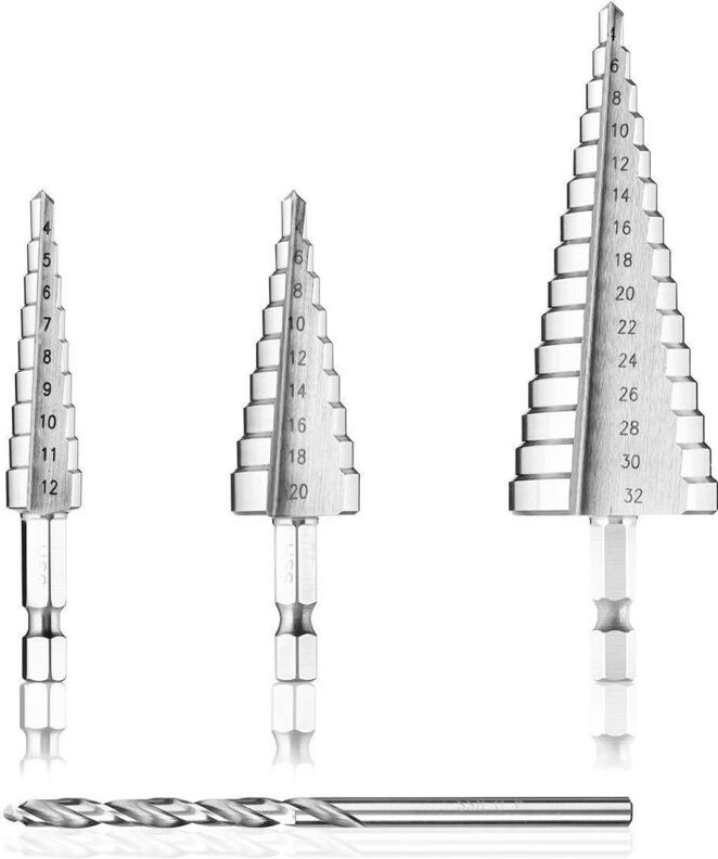 Stufenbohrer, 4 x 4-12/20/32 mm dreieckige konische Bohrer mit titanbeschichtetem Schraubendreher