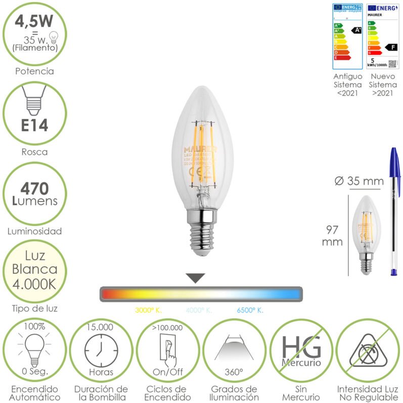 Maurer - Bombilla Led Filamento Vela Rosca E14. 4,5 Watt. Equivale a 35 Watt. 470 Lumenes. Luz Neutra 4000º k.