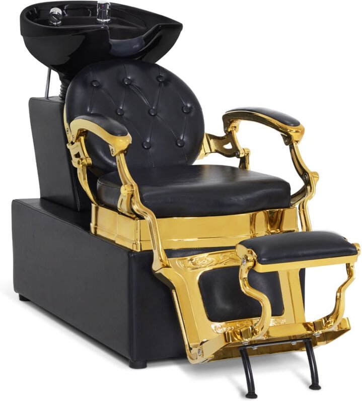 Friseurstuhl mit Waschbecken Retro 8653 (Gold-Schwarz/Kunstleder) - Barberpub